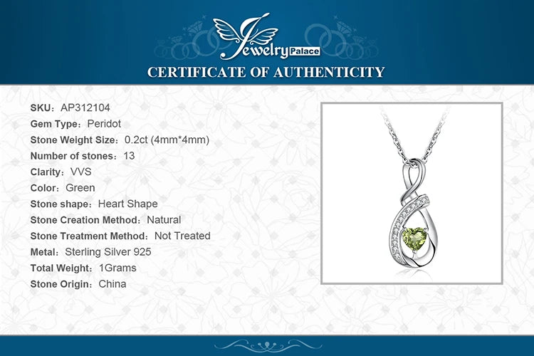 JewelryPalace Infinity Love Genuine Peridot 925 Sterling Silver Pendant Necklace for Woman No Chain