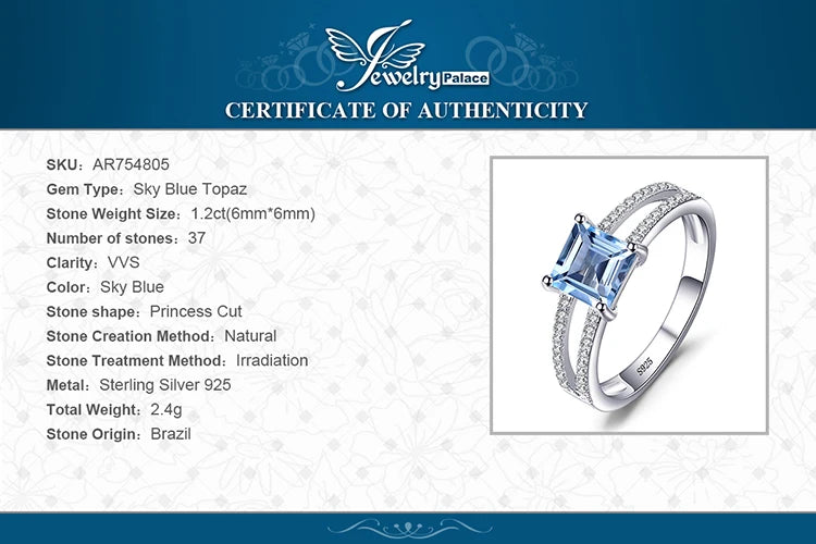JewelryPalace 1.2ct Princess Cut Sky Blue Topaz 925 Sterling Silver Engagement Ring for Woman Gemstone Fine Jewelry Wedding Gift
