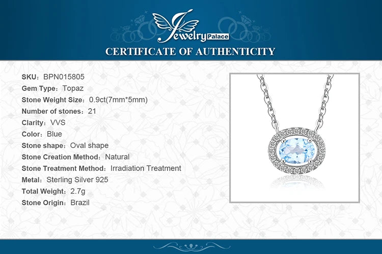 JewelryPalace Oval Natural Blue Topaz 925 Sterling Silver Pendant Necklace for Women Fashion Birthstone Gemstone Jewelry 45cm