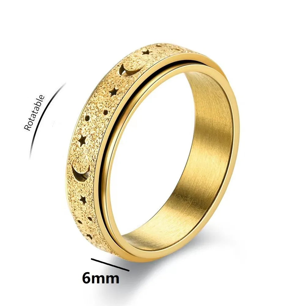 Frosted Stainless Steel Moon And Star Fidget Rings For Men Anti Stress And Anxiety Rotating Ring Fidget Metal Spinner Anillos