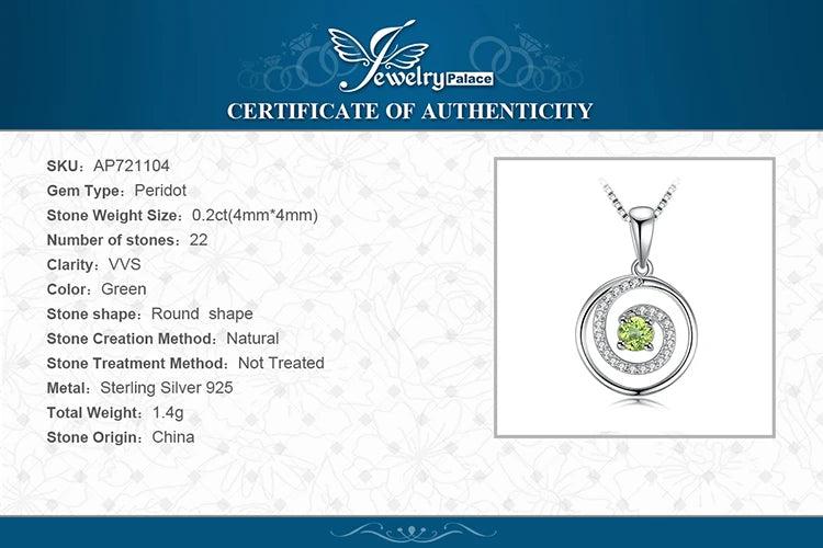 JewelryPalace Circle Round Natural Peridot 925 Sterling Silver Pendant Necklace for Women Fashion Gemstone Choker Without Chain