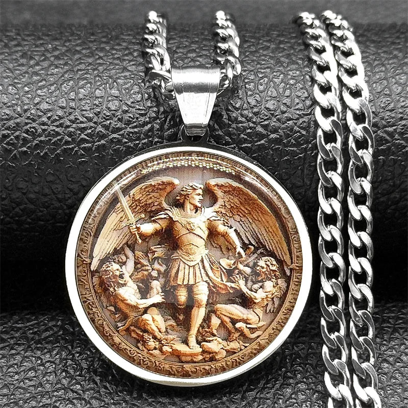 SAINT MICHAEL PROTECT US Archangel Stainless Steel Glass Medal Necklaces Chain Men Women Gold Color Necklace Amulet Jewelry
