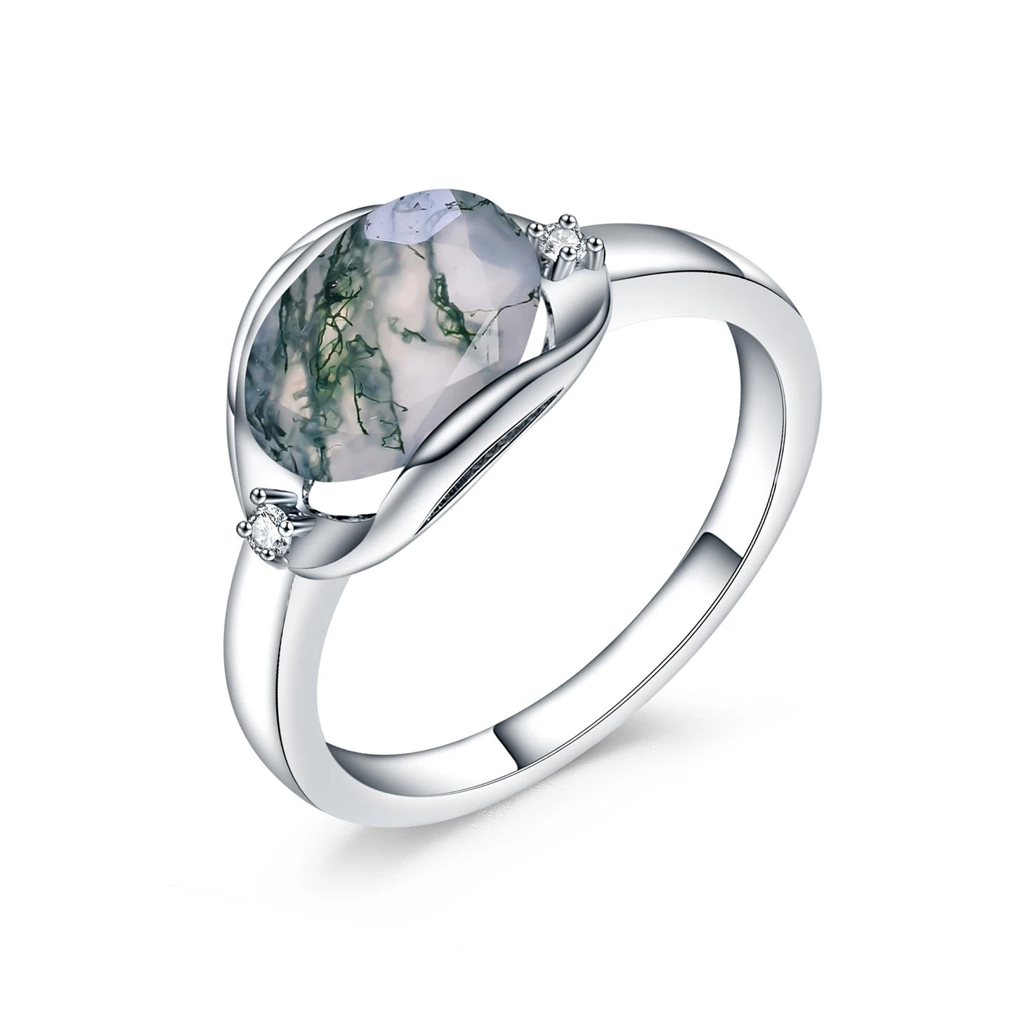 GEM'S BALLET Birthstone Dainty Ring 8X10mm Oval 2.91Ct Natural Moss Agate Gemstone Ring in 925 Sterling Silver Gift For Her
