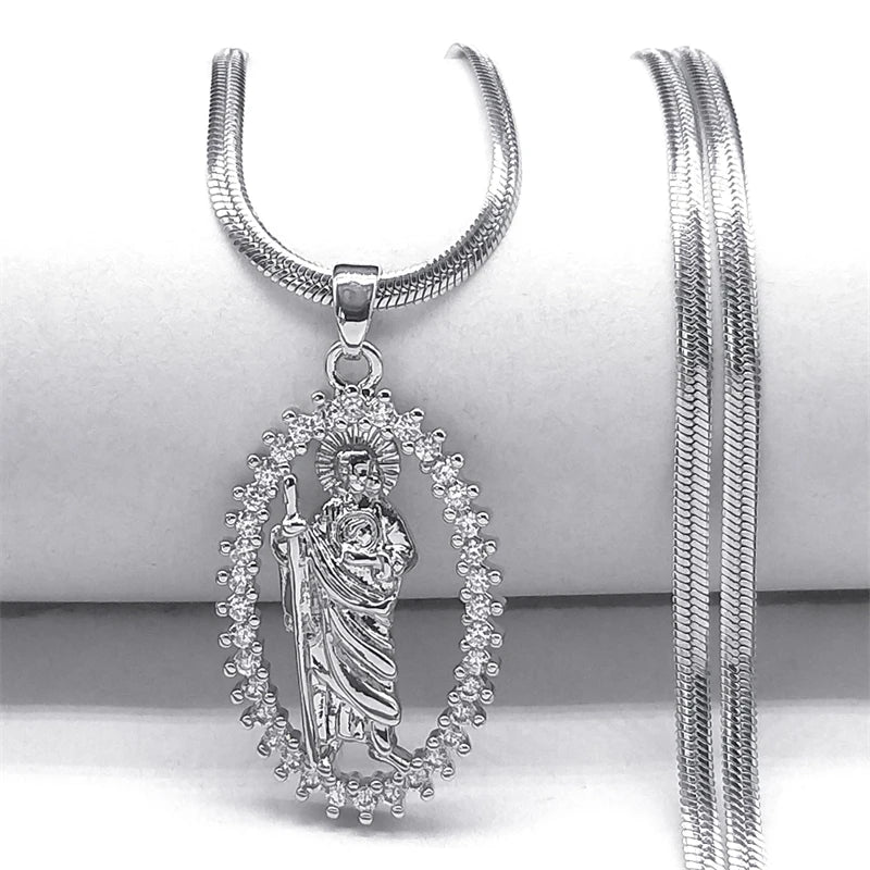 Saint St. Jude Thaddeus Zircon Shiny Necklace for Women Men Stainless Steel Gold Color San Judas Tadeo Necklaces Jewelry NGG43-4