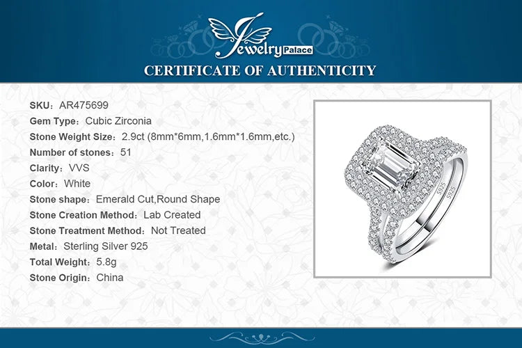 JewelryPalace 925 Sterling Silver Halo Wedding Band Engagement Ring Set for Women 2.9ct Emerald Cut AAAAA CZ Fashion Jewelry