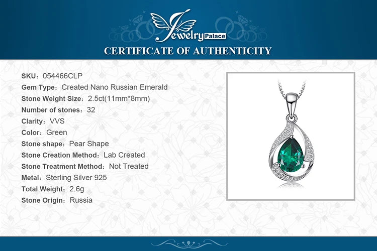 JewelryPalace 3ct Green Simulated Nano Emerald 925 Sterling Silver Pendant Necklace for Women Pear Gemstones Choker No Chain