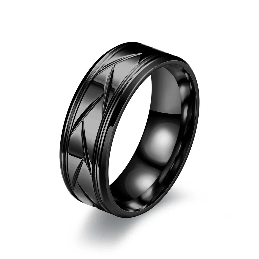 Fashion Men’s Silver Color Black Stainless Steel Ring Groove Multi-Faceted Rings for Men Women Engagement Ring Anniversary Gifts
