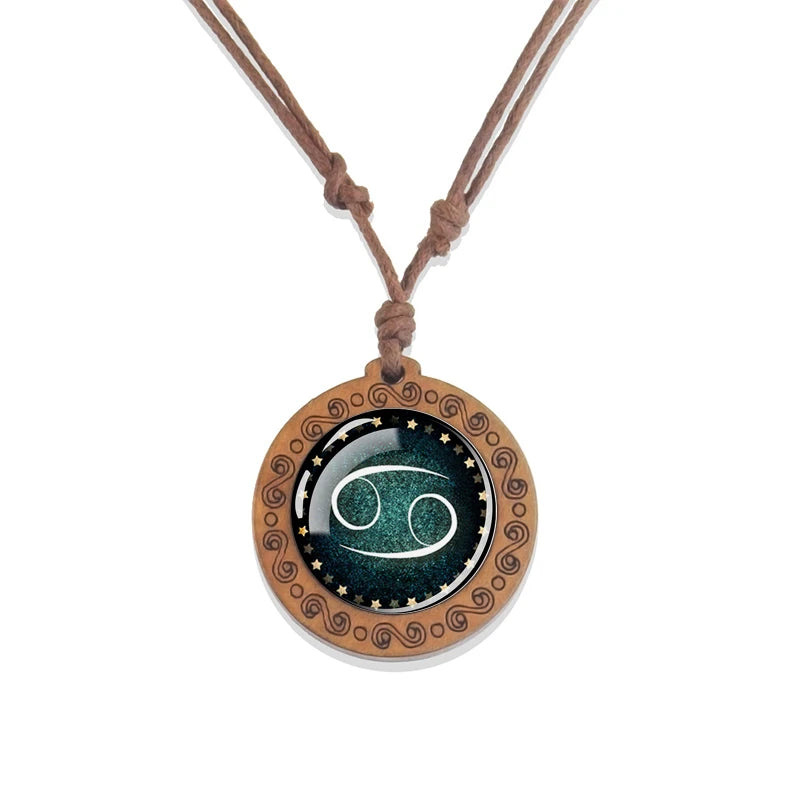 12 Zodiac Signs Constellation Necklaces Glass Dome Vintage Wood Pendant Rope Chains Necklace for Women Men Jewelry Birthday Gift