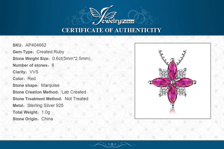 JewelryPalace Flowers Created Ruby 925 Sterling Silver Pendant Necklace for Woman Cross Gemstone Fine Jewelry Choker No Chain