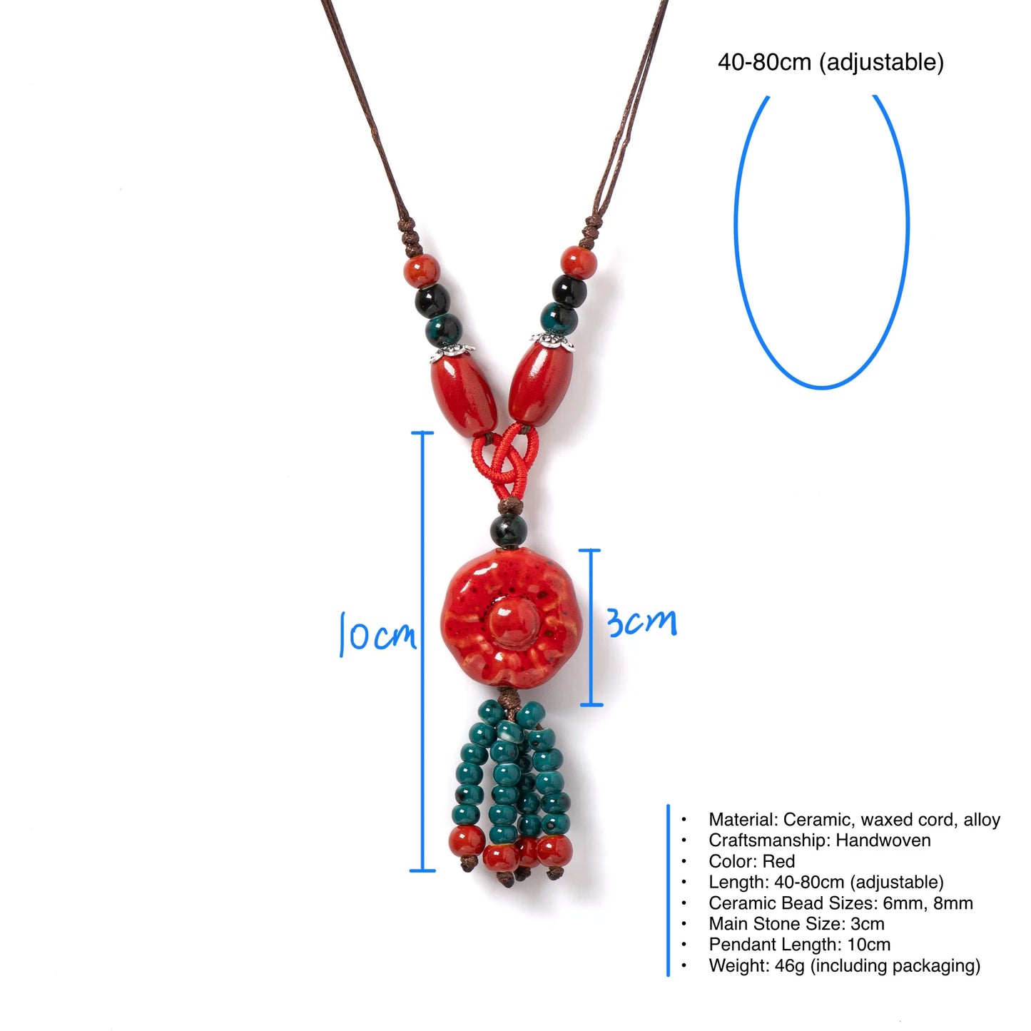 Big Red Disc Handmade Ceramic Necklace Adjustable Vintage Boho Jewelry Long Pendant for Women 1104