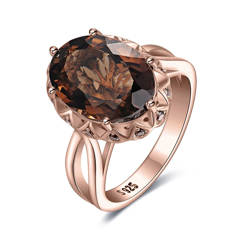 JewelryPalace Large 5.7ct Genuine Oval Smoky Quartz 925 Sterling Silver Big Gemstone Cocktail Statement Rings for Women Jewelry