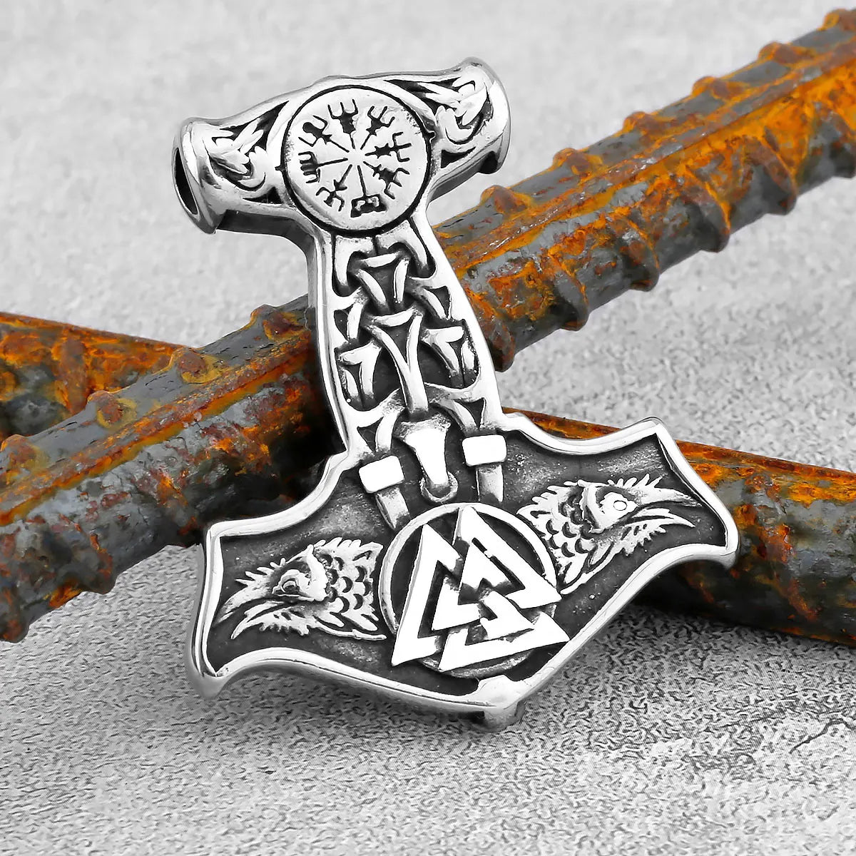 Vintage Thor's Hammer Raven Necklace Stainless Steel Jewelry Animal Nordic Viking Rune Jewelry Pendant Celtic Knot Gift