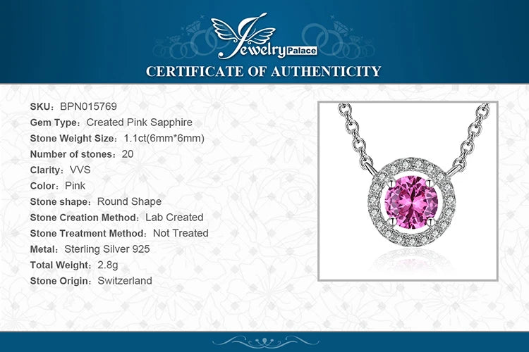 JewelryPalace Round 1.1ct Created Pink Sapphire 925 Sterling Silver Pendant Necklace for Women Trendy Gemstone Fine Jewelry 45cm