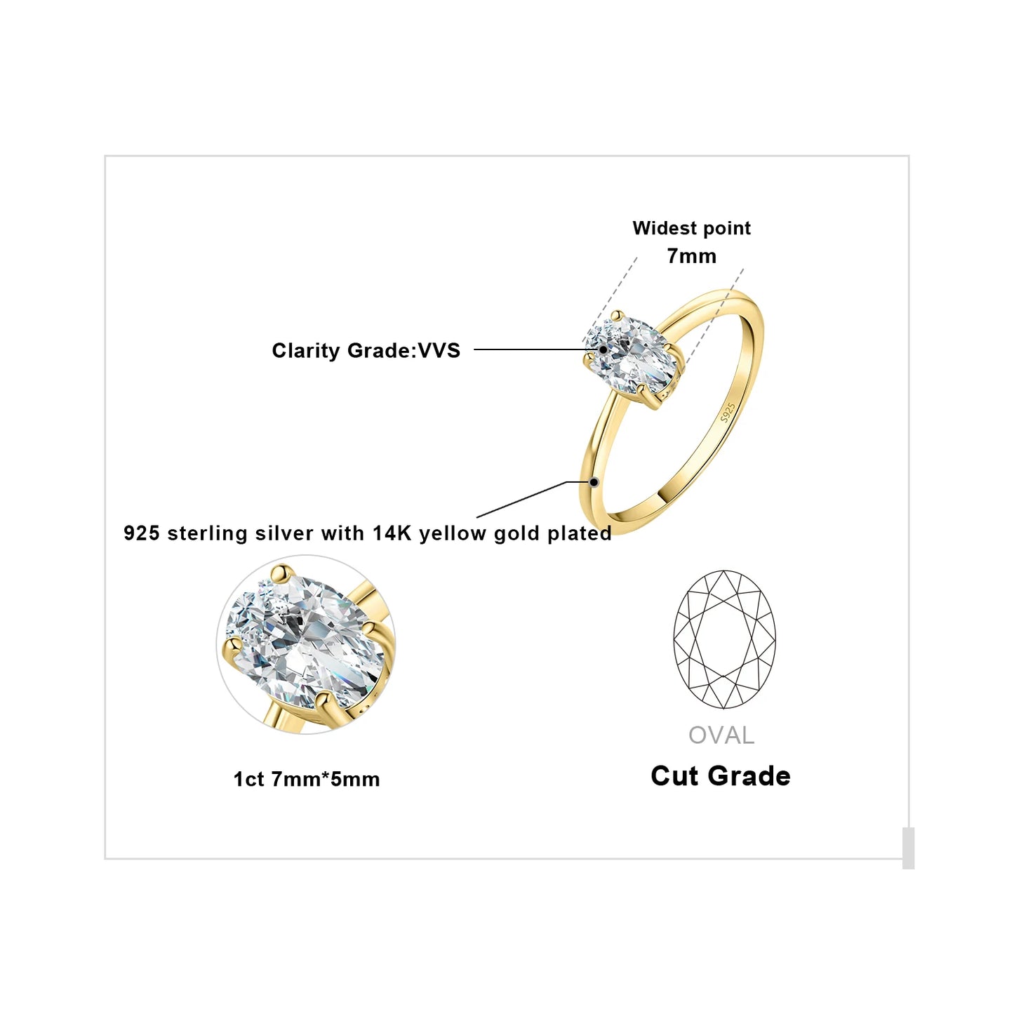 JewelryPalace Moissanite D Color 1ct 2ct Oval S925 Sterling Silver Solitaire Wedding Ring for Woman Yellow Rose Gold Plated