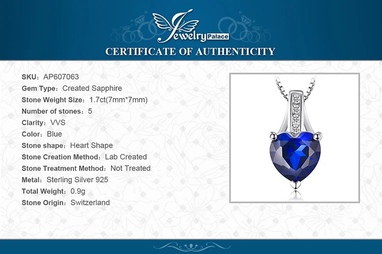 JewelryPalace Love Heart 1.7ct Created Blue Sapphire 925 Sterling Silver Pendant Necklace for Woman Fine Jewelry Without Chain