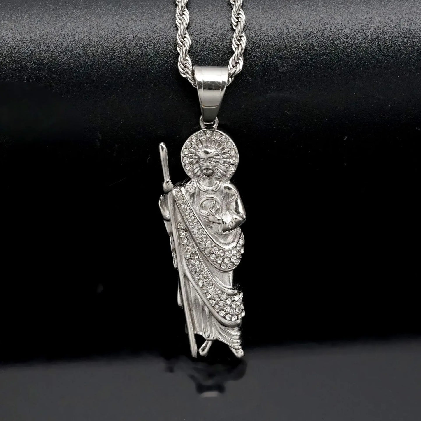 San Judas Tadeo Pendant Necklace Women with rhinestone Men Saint Jude Thaddeus Stainless Steel Gold color Religious Jewelry