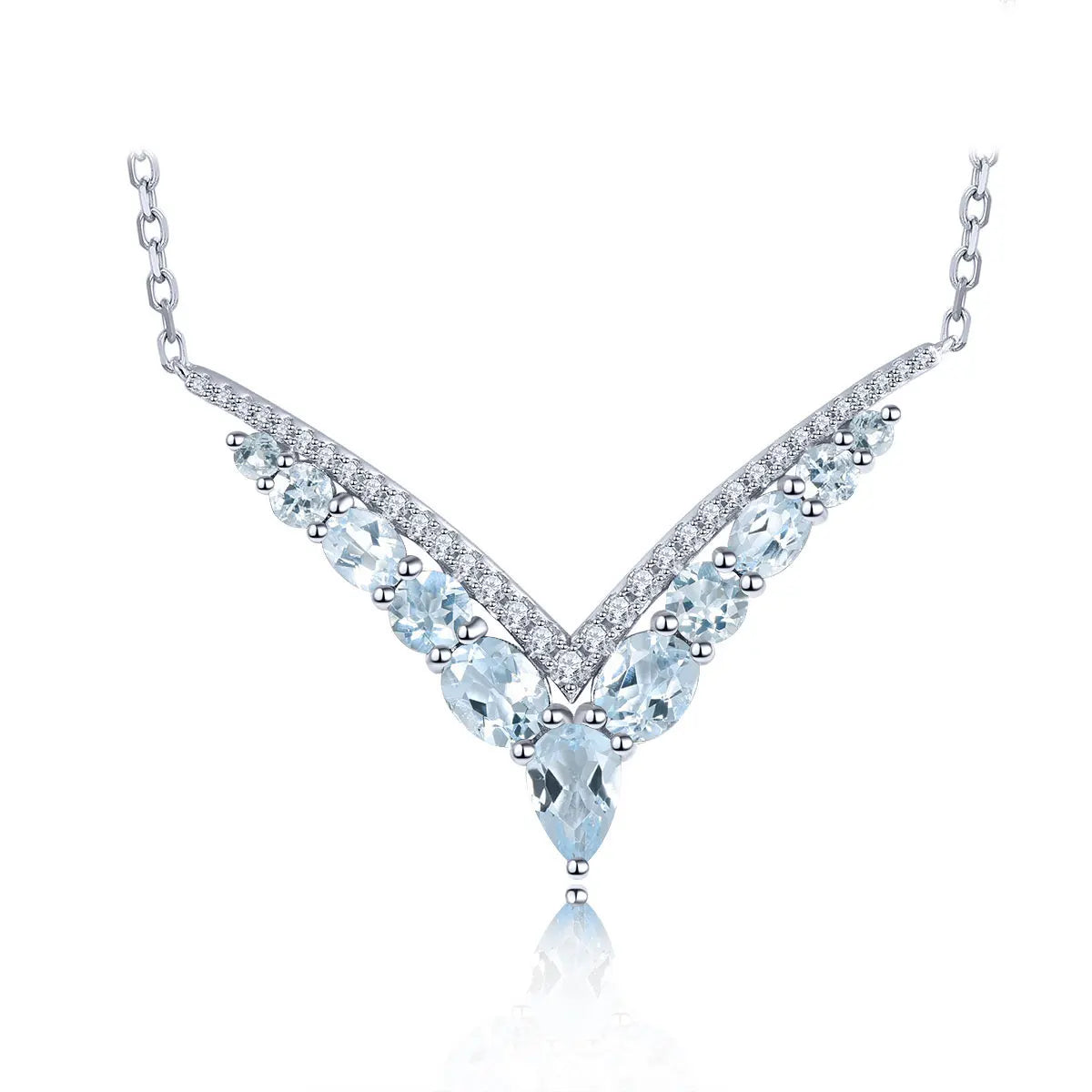 Natural Aquamarine Sterling Silver Necklace Pendant 2.5 Carats Genuine Light Blue Romantic V Shape Design S925 Jewelrys Gifts