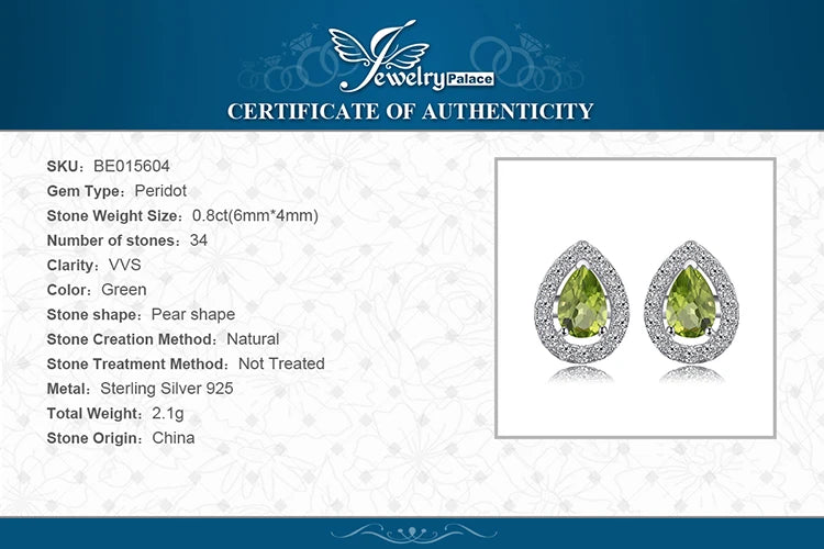 JewelryPalace Pear Natural Green Peridot 925 Sterling Silver Stud Earrings for Women Fashion Gemstone Jewelry Party Accessories