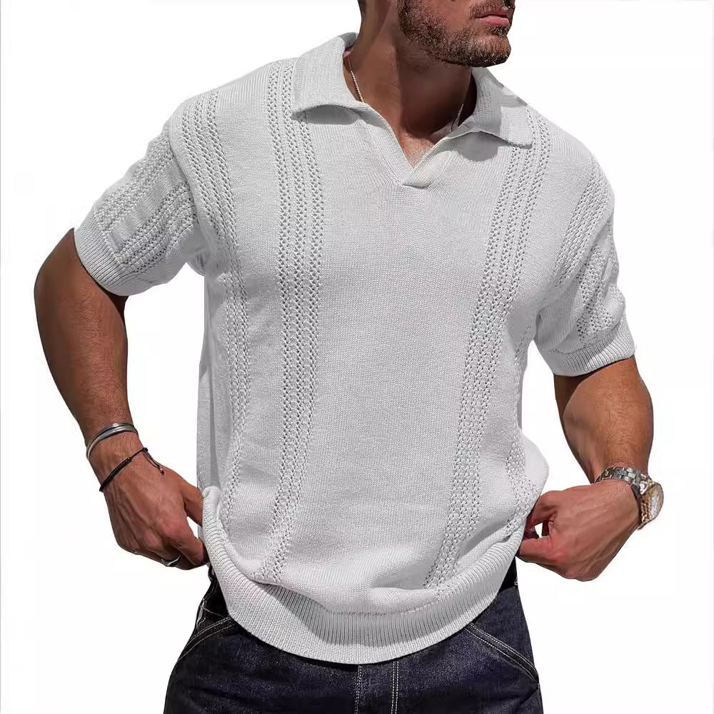 European And American Fashion Men's Knitted Polo Shirt Short Sleeve V-neck Hollow White