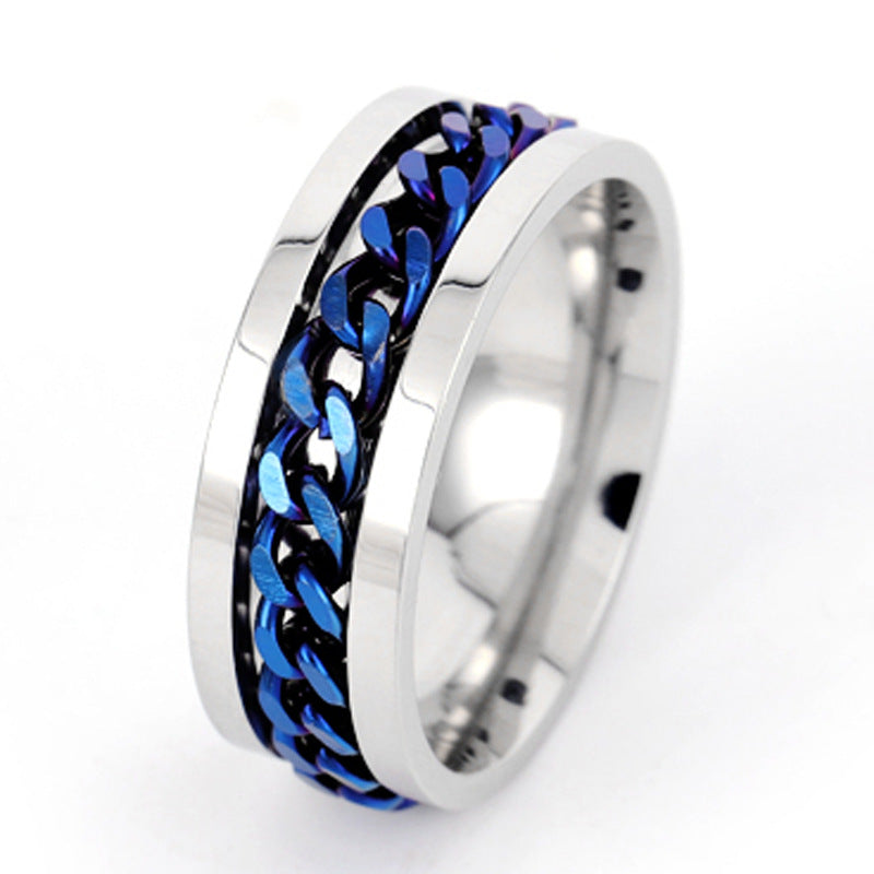 Ring Open Bottle Open Beer Ring Rotatable Decompression Men's Rotatable Chain Titanium Steel Ring Stainless Steel Jewelry blue chain on white background 5