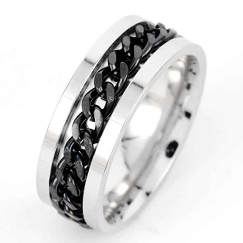 Ring Open Bottle Open Beer Ring Rotatable Decompression Men's Rotatable Chain Titanium Steel Ring Stainless Steel Jewelry Black chain on white background 5