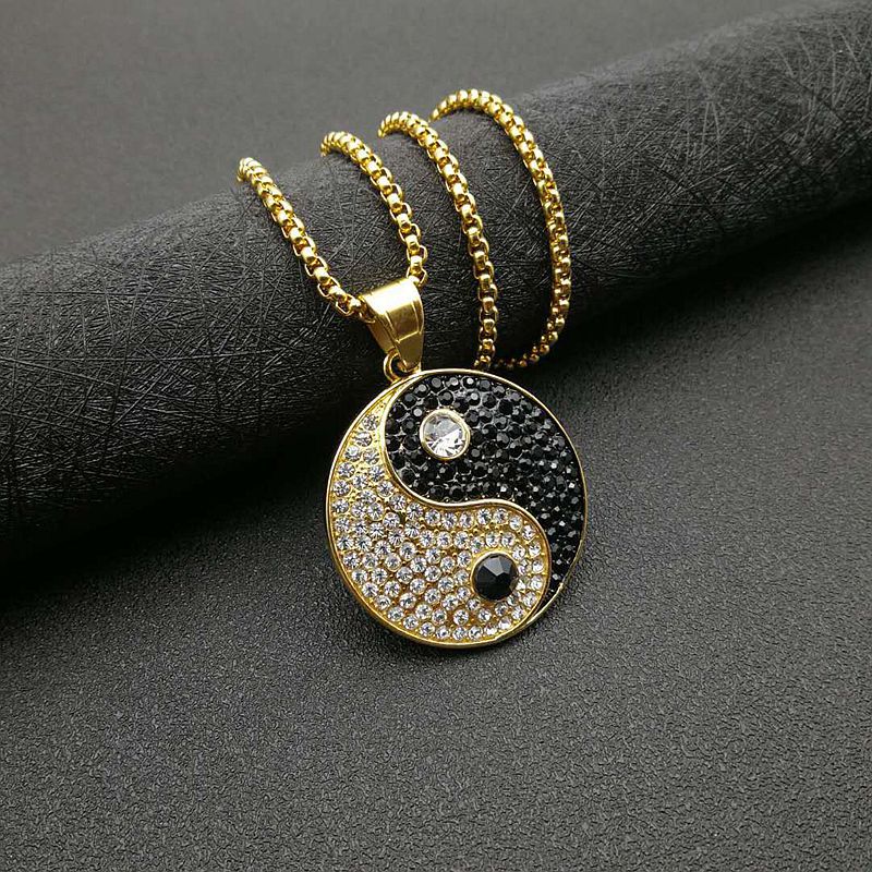 Titanium Steel Black And White Gold-plated Rhinestone Taiji Yin And Yang Pendant Necklace Gold Single Pendant