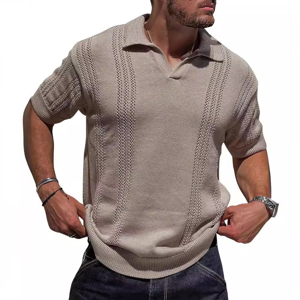 European And American Fashion Men's Knitted Polo Shirt Short Sleeve V-neck Hollow Light Gray