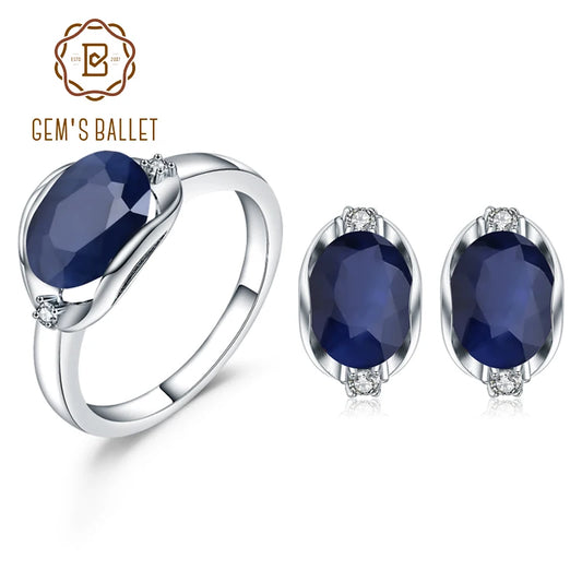 GEM'S BALLET Natural Blue Sapphire Gemstone Ring Earrings Jewelry Set For Women 925 Sterling Silver Gorgeou Engagement Jewelry