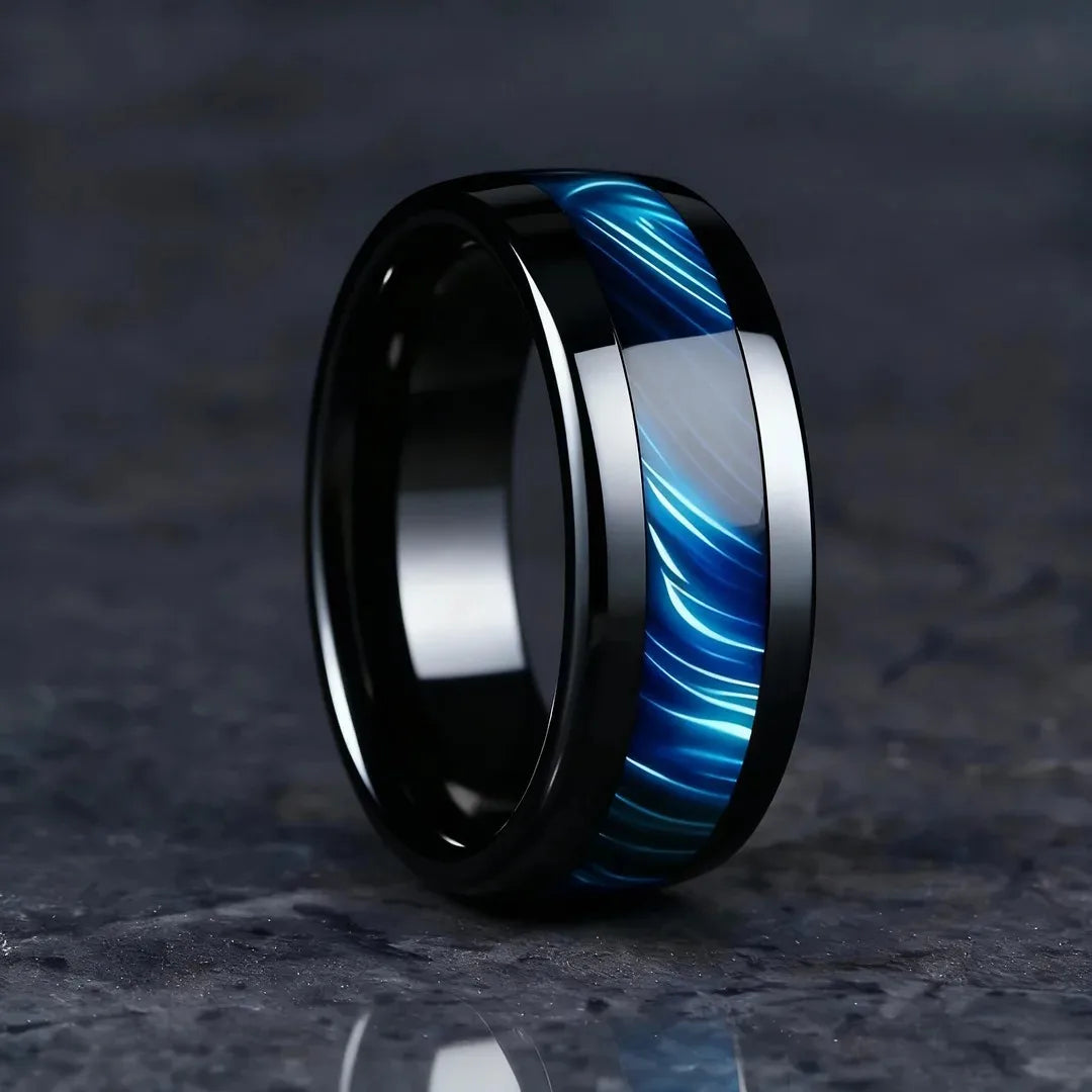 Blue Abalone Shell Inlay Rings for Men, Fashion 8mm Black Brushed Men Stainless Steel Rings, Wedding Band Jewelry Gift