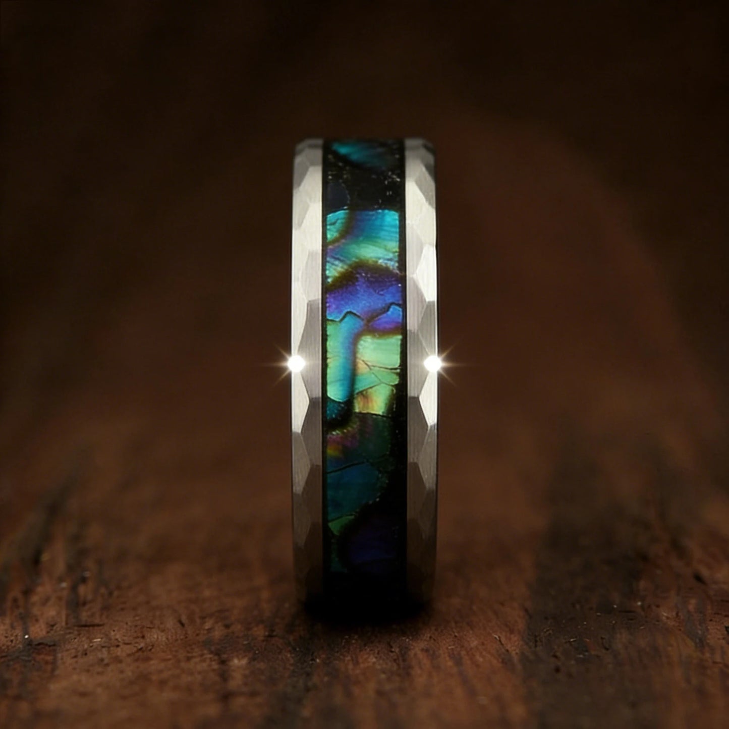 Fashion 8MM Hammered Stainless Steel Rings For Men Women Inlay Colorful Abalone Shell Rings Men Wedding Party Jewelry Gift