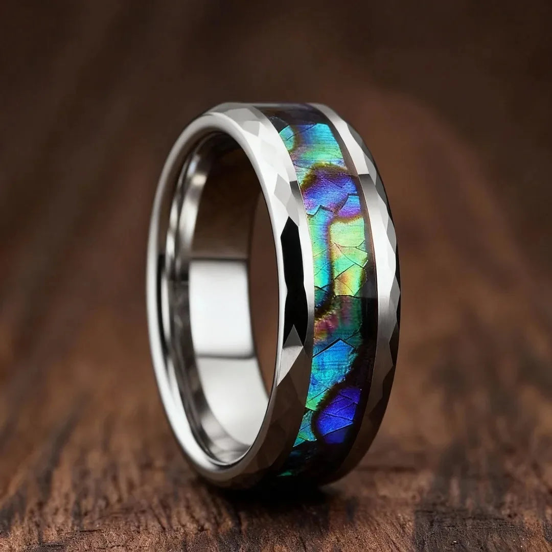 Fashion 8MM Hammered Stainless Steel Rings For Men Women Inlay Colorful Abalone Shell Rings Men Wedding Party Jewelry Gift