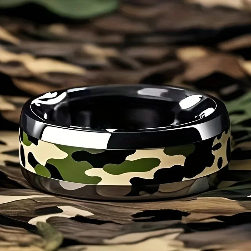 Cool 8mm Silver Color Men Stainless Steel Ring with Camo Pattern Inlay Rings for Men Women Military Tactical Jewelry Drop Ship