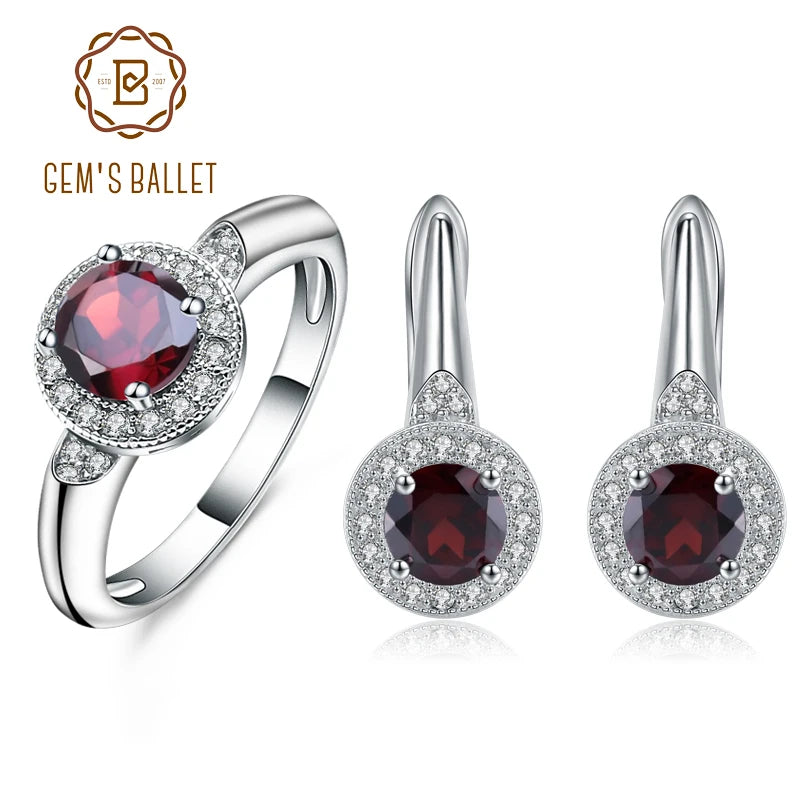 GEM'S BALLET 3.15Ct Natural Red Garnet Earrings Ring Set 925 Sterling Silver Gemstone Classic Jewelry Set For Women Fine Jewelry CHINA