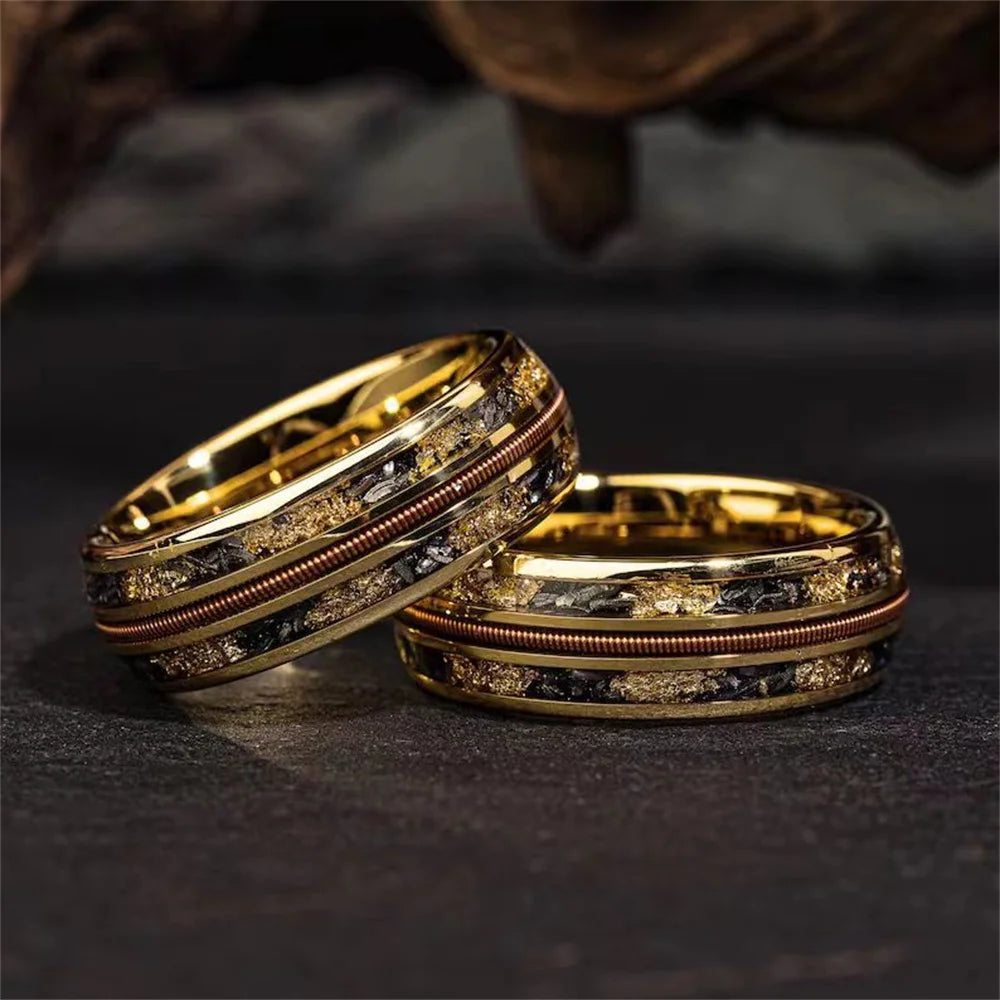 Fashion 8mm Gold Color Stainless Steel Guitar string Rings for Men Inlay Simulated Ambers Stone Rings Wedding Band Jewelry Gifts