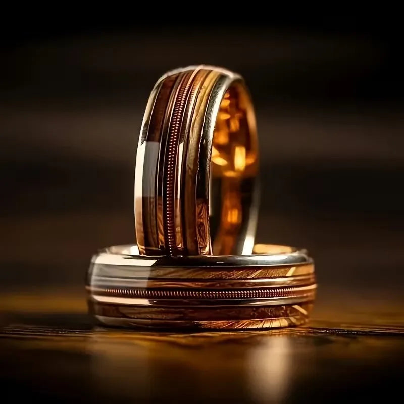 Fashion 8mm Rose Gold Color Stainless Steel Guitar string Rings for Men Inlay Hawaiian koa wood Rings Wedding Band Jewelry Gifts