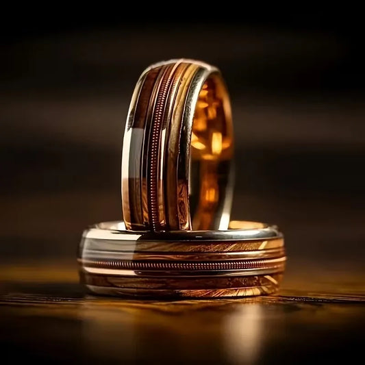 Fashion 8mm Rose Gold Color Stainless Steel Guitar string Rings for Men Inlay Hawaiian koa wood Rings Wedding Band Jewelry Gifts