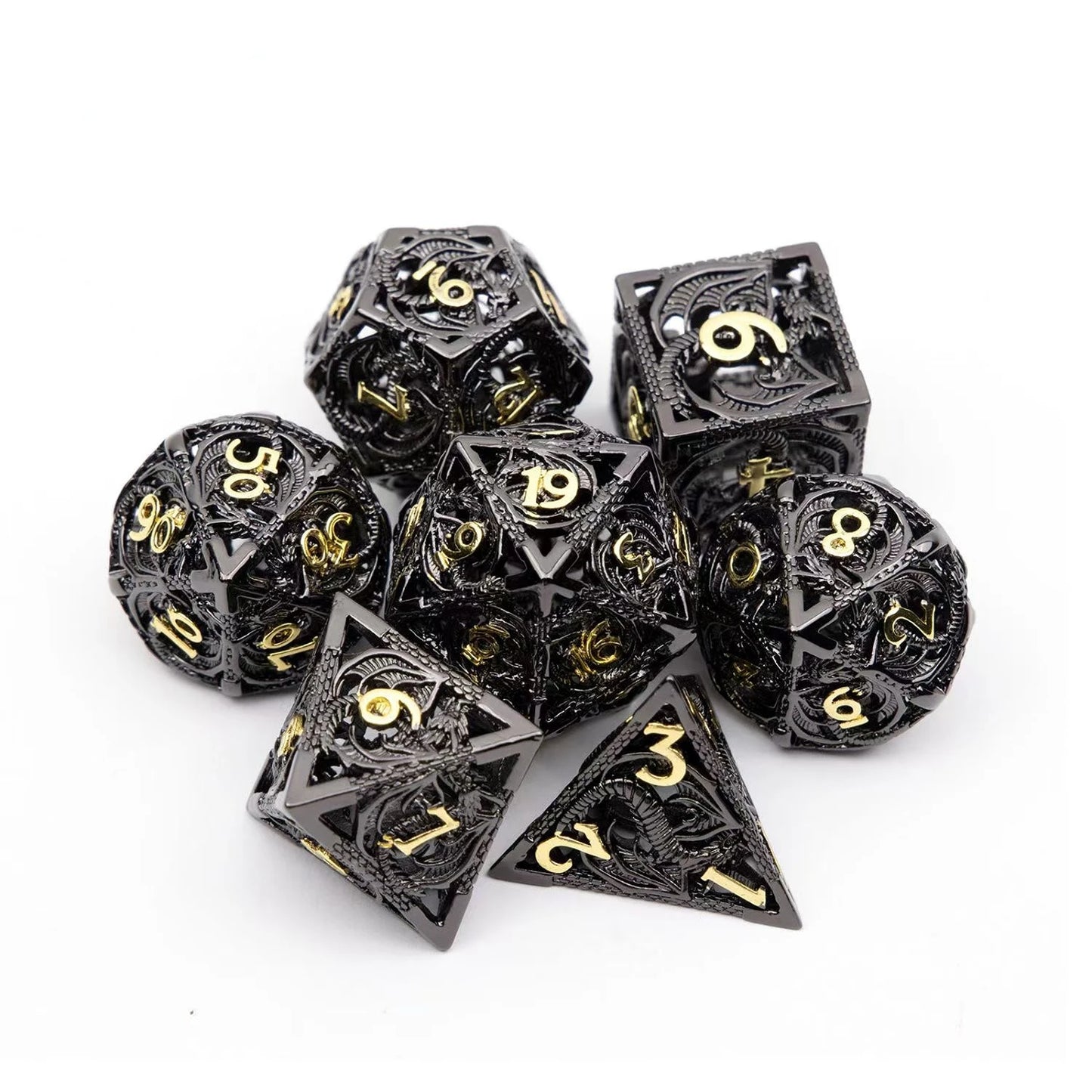 Hollow Metal Dice Set, 7PCS DND Dice set, polyhedral dice Set with box for Dungeons and Dragons RPG Role Playing Gaming Dice Black Gold giftbox