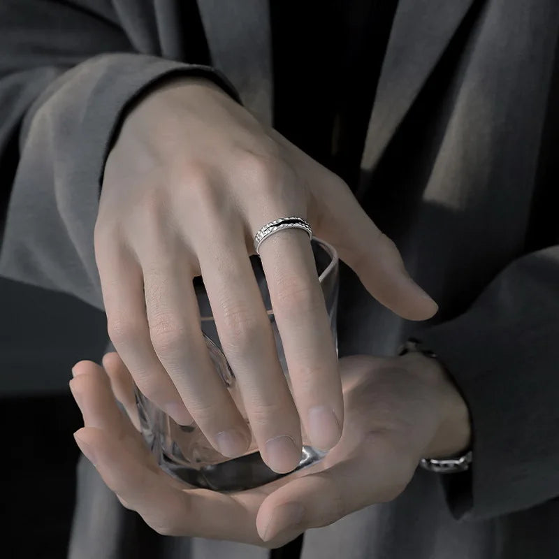 Vintage Silver Plated Irregular Rings for Men Fashion Domineering Cracked Hammered Opening Ring Adjustable Jewelry Male Gift
