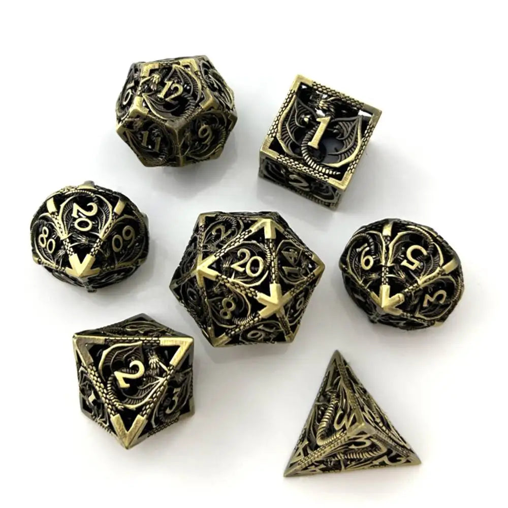 Hollow Metal Dice Set, 7PCS DND Dice set, polyhedral dice Set with box for Dungeons and Dragons RPG Role Playing Gaming Dice Bronze giftbox