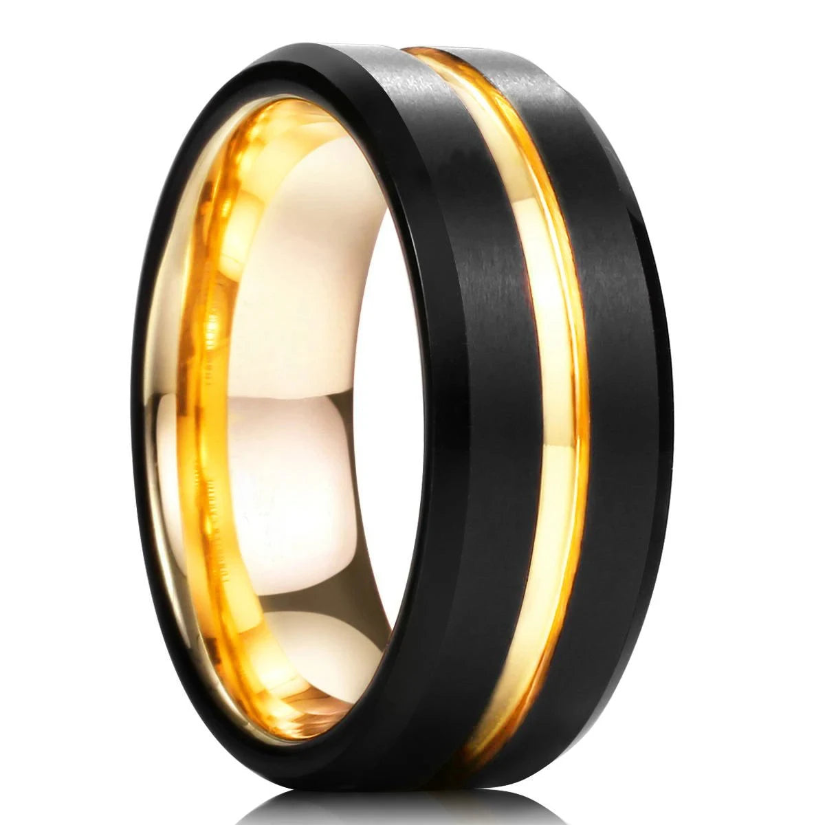 Fashion 8mm Black Brushed Men Stainless Steel Ring Double Groove Beveled Zircon Stone Rings For Men Trendy Wedding Band Jewelry