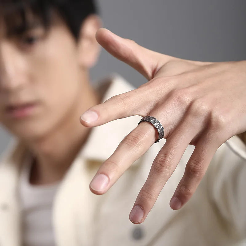 Vintage Silver Plated Irregular Rings for Men Fashion Domineering Cracked Hammered Opening Ring Adjustable Jewelry Male Gift