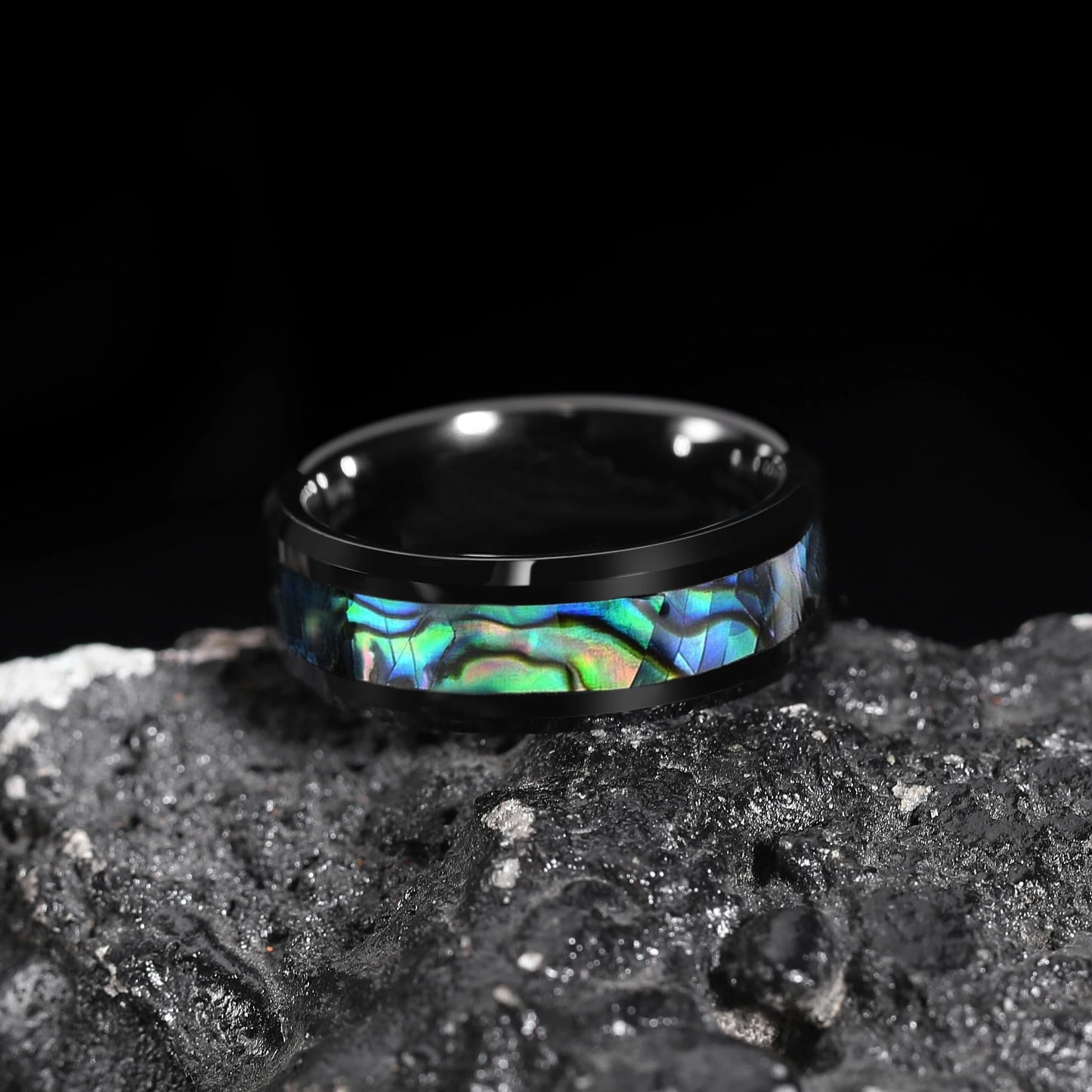 Fashion 8mm Men Silver Color Stainless Steel Rings Inlay Rainbow Abalone Shell Rings For Men Women Wedding Band Jewelry Gifts