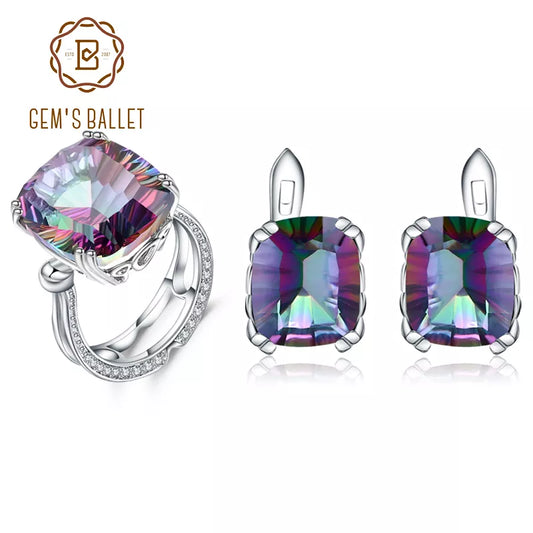 GEM'S BALLET Natural Rainbow Mystic Quartz Ring Stud Earrings For Women 925 Sterling Silver Wedding Jewelry Set Fine Jewelry