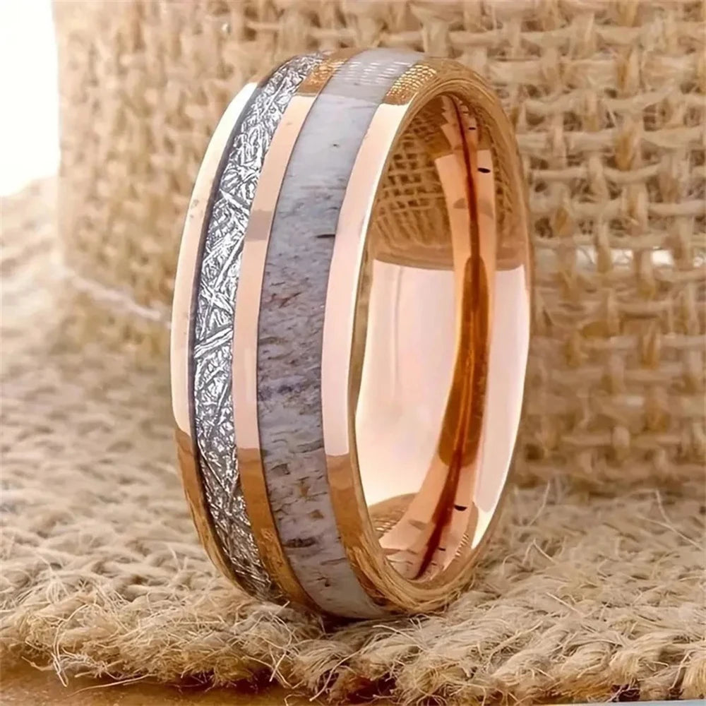 Fashion 8mm Rose Gold Color Stainless Steel Guitar String Rings for Men Koa Wood Inlay Ring Whiskey Barrel Mens Wedding Band