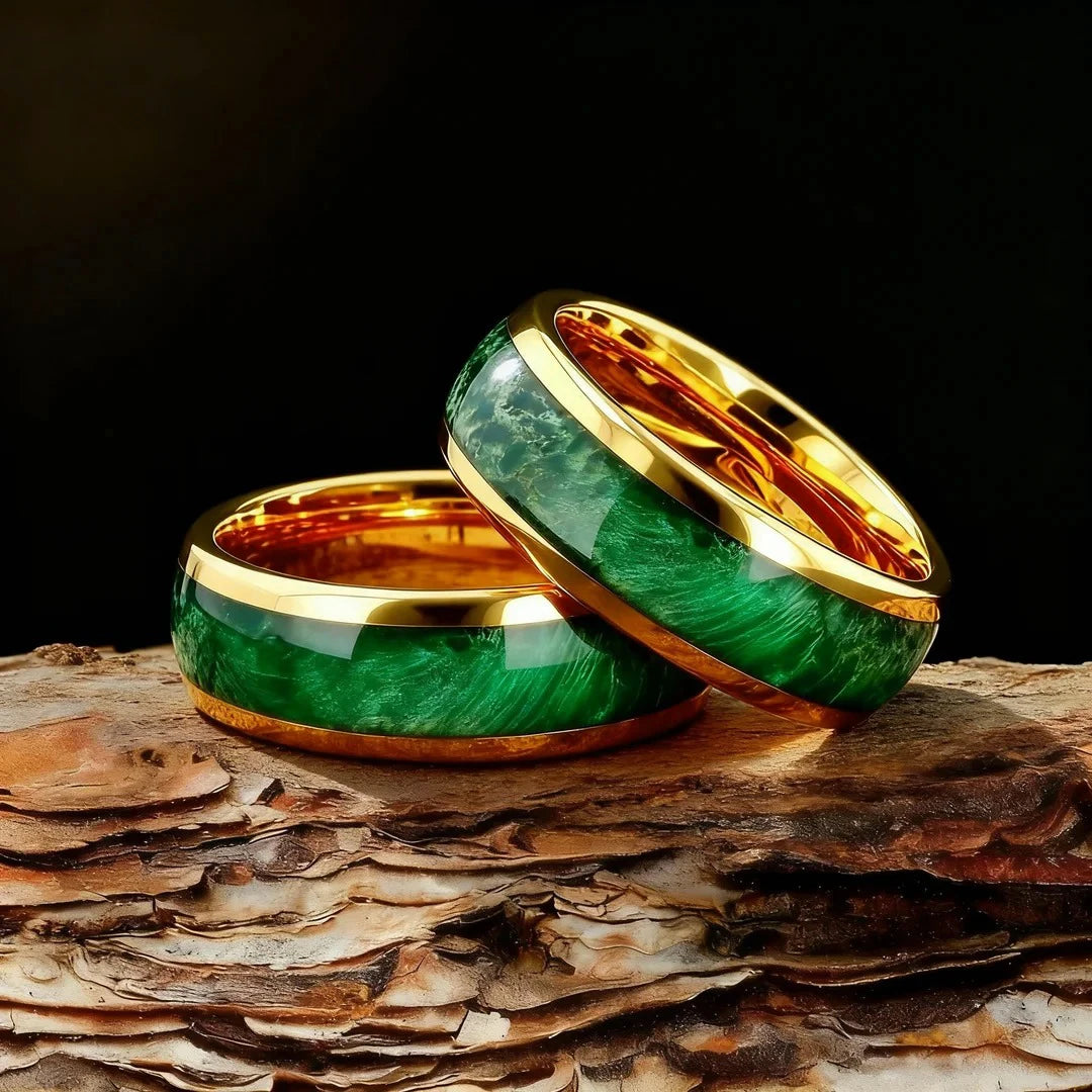 Fashion 8mm Men Stainless Steel Rings, Gold Color Brushed Green Koa Wood Inlay Rings for Men, Wedding Jewelry Christams Gift