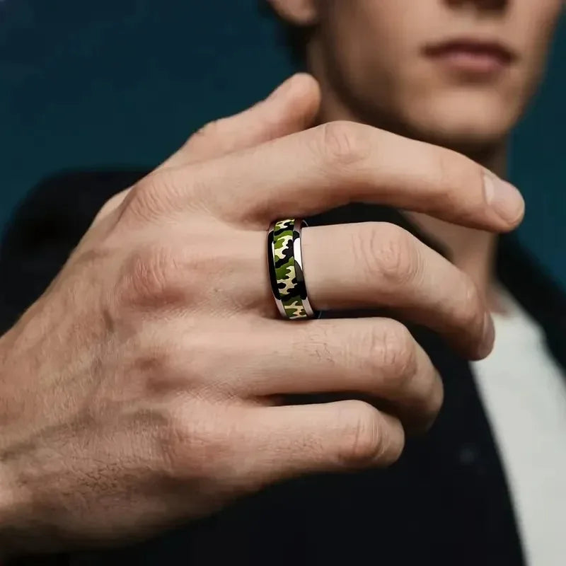 Cool 8mm Silver Color Men Stainless Steel Ring with Camo Pattern Inlay Rings for Men Women Military Tactical Jewelry Drop Ship