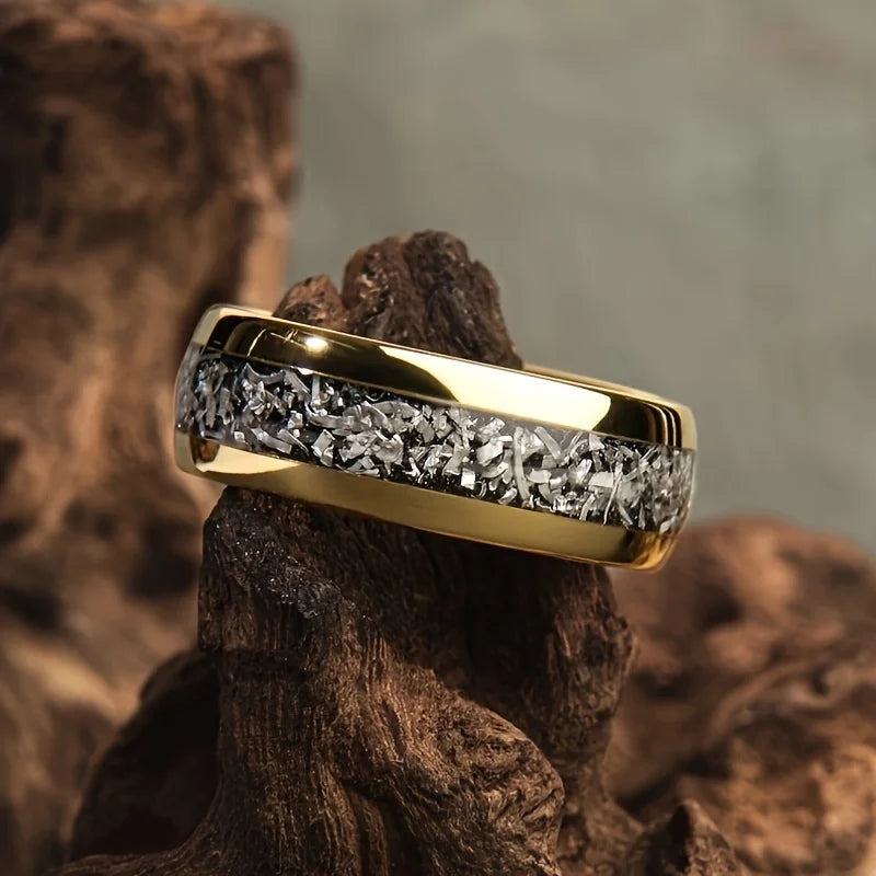 Fashion 8mm Men Stainless Steel Rings Inlay Meteorite Abalone Shell Rings For Men Women Wedding Engagement Band Jewelry Gift