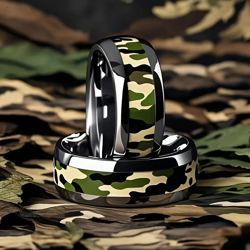 Cool 8mm Silver Color Men Stainless Steel Ring with Camo Pattern Inlay Rings for Men Women Military Tactical Jewelry Drop Ship