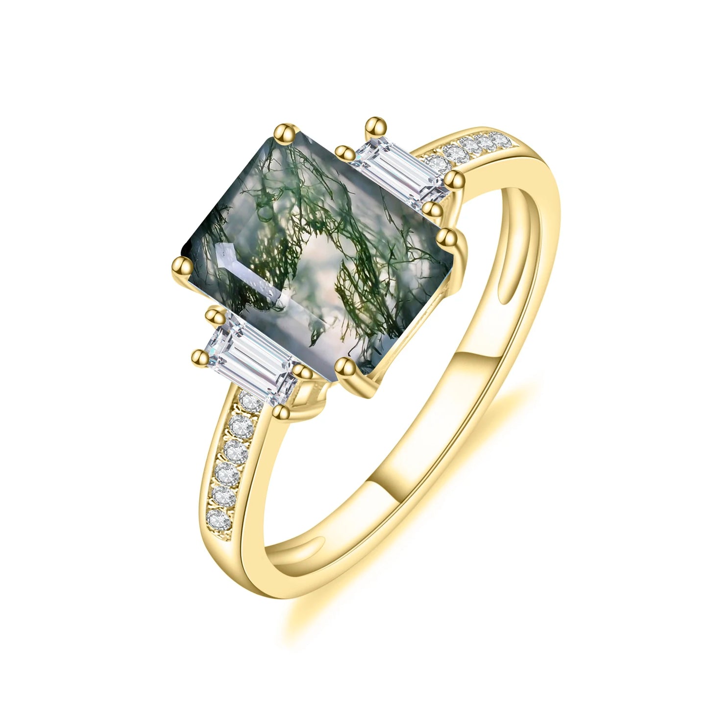 GEM'S BALLET Unique 2.38Ct 7x9mm Octagon Cut Moss Agate There Stone Engagement Ring in 925 Sterling Silver Women's Ring 925 Sterling Silver Moss Agate