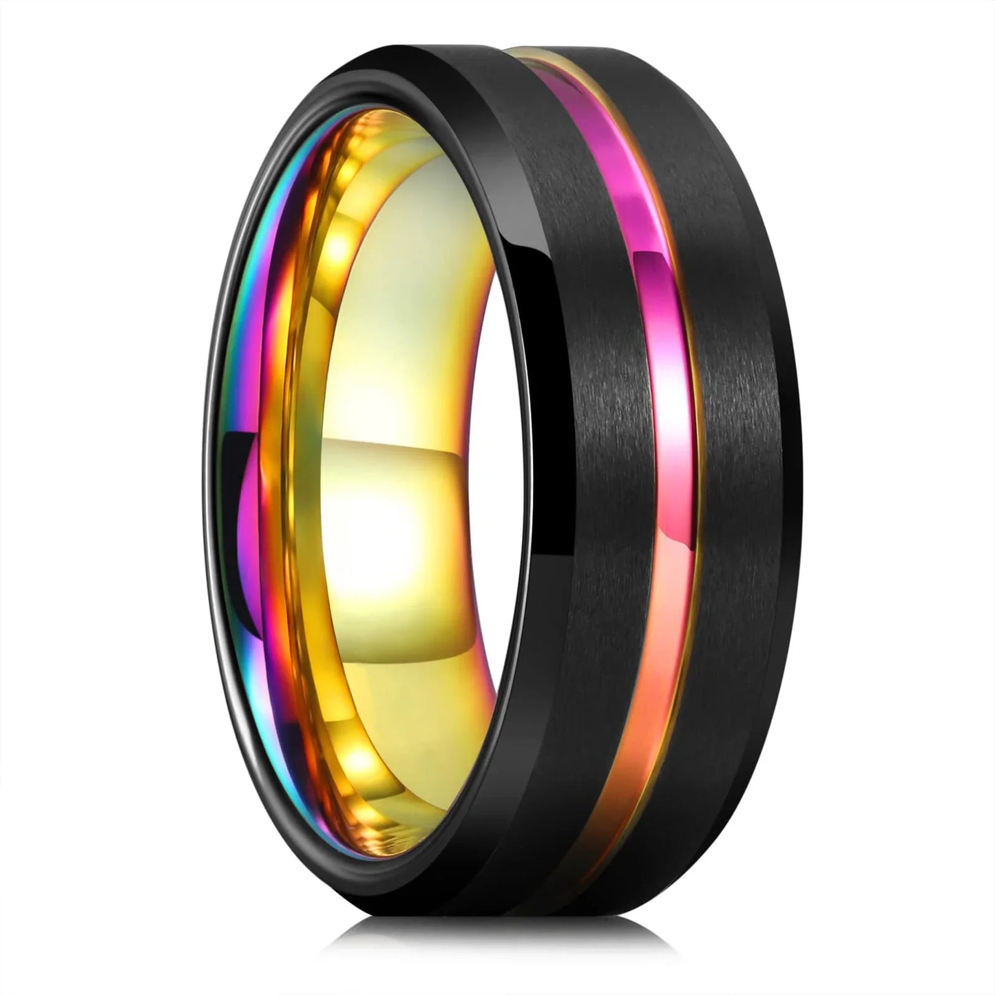 Fashion 8mm Black Brushed Stainless Steel Rings for Men Rose Gold Color Step Edge Men Promise Rings Wedding Party Jewelry Gifts